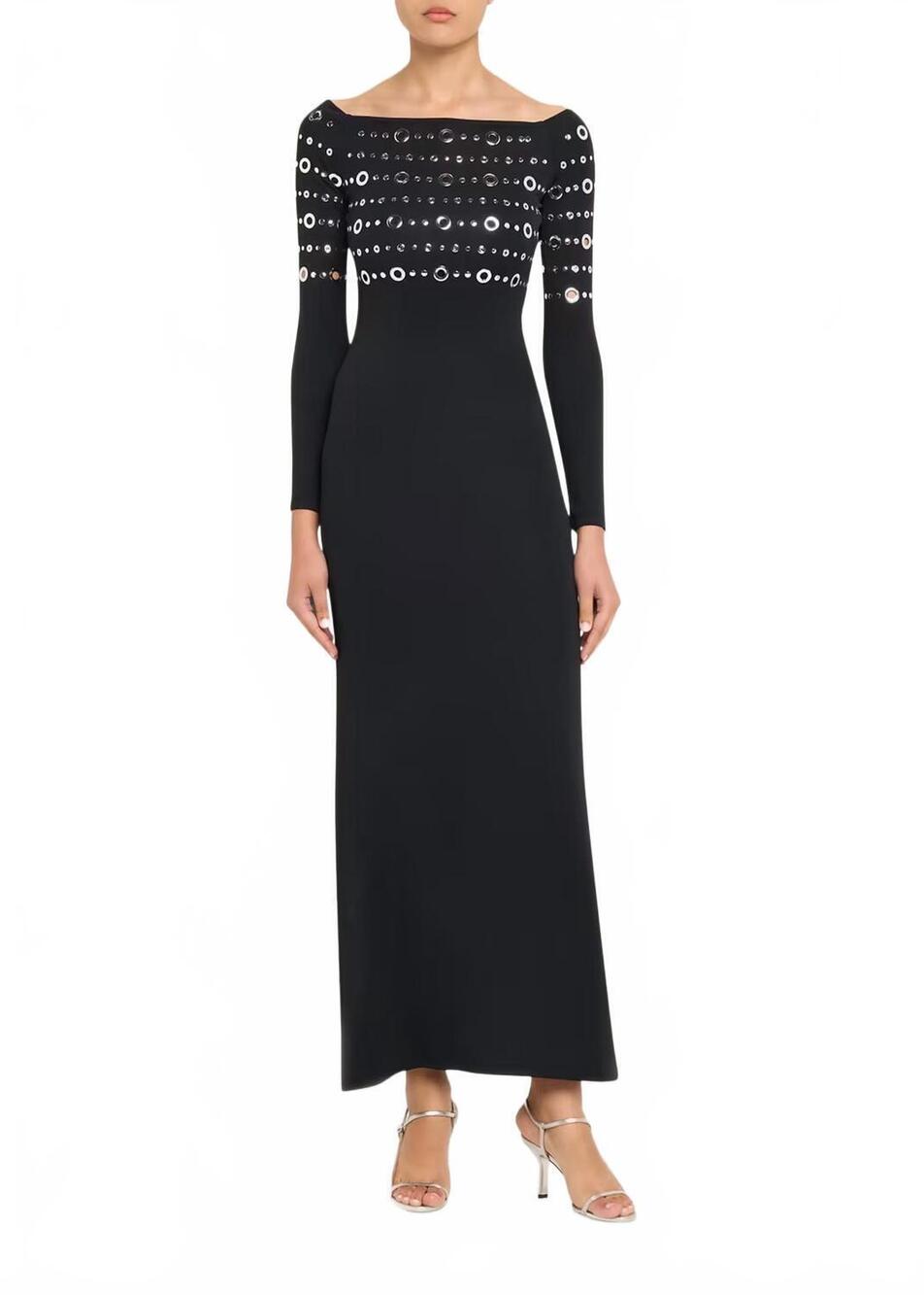 NEW PACO RABANNE grommet off-the-shoulder long-sleeve maxi dress in black